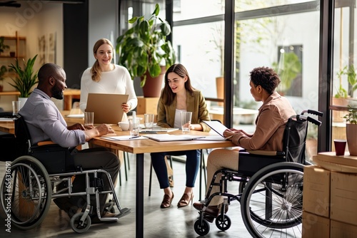 Group of people on wheelchair in meeting room background.