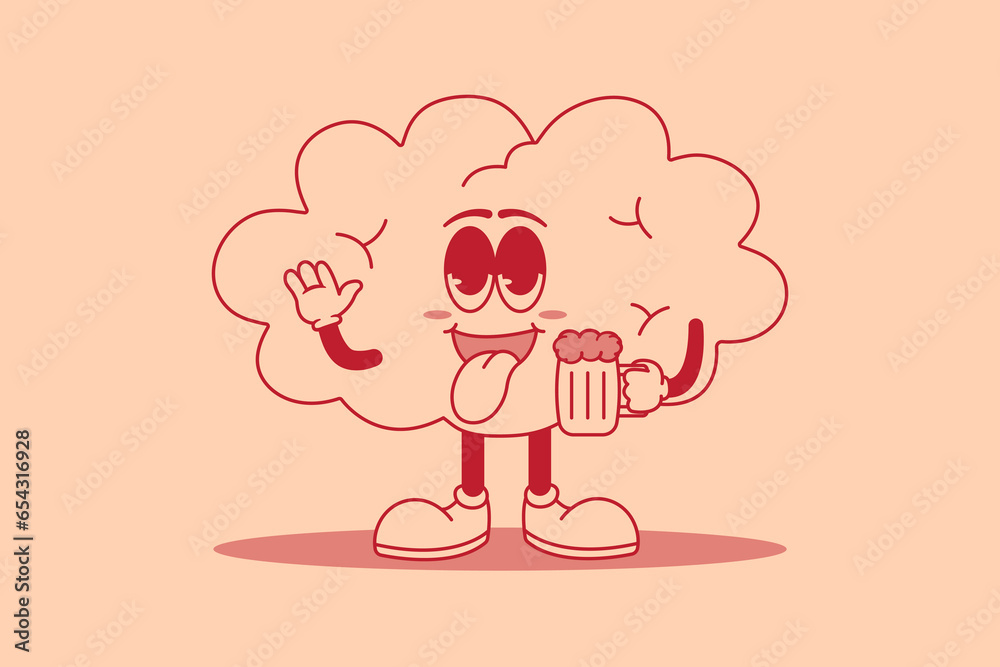Cartoon illustration of a funny cloud with a mug of beer. Cute mascot character retro cartoon design Cartoon illustration of a funny cloud with a mug of beer. Cute mascot character retro cartoon design