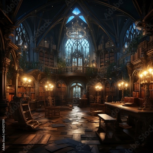 Old library with a lot of bookshelves, cabinet with many books digital illustration, magical archive of knowledge concept art
