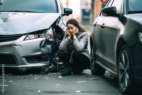 Photo of a woman sitting next to a car on the ground © Anoo