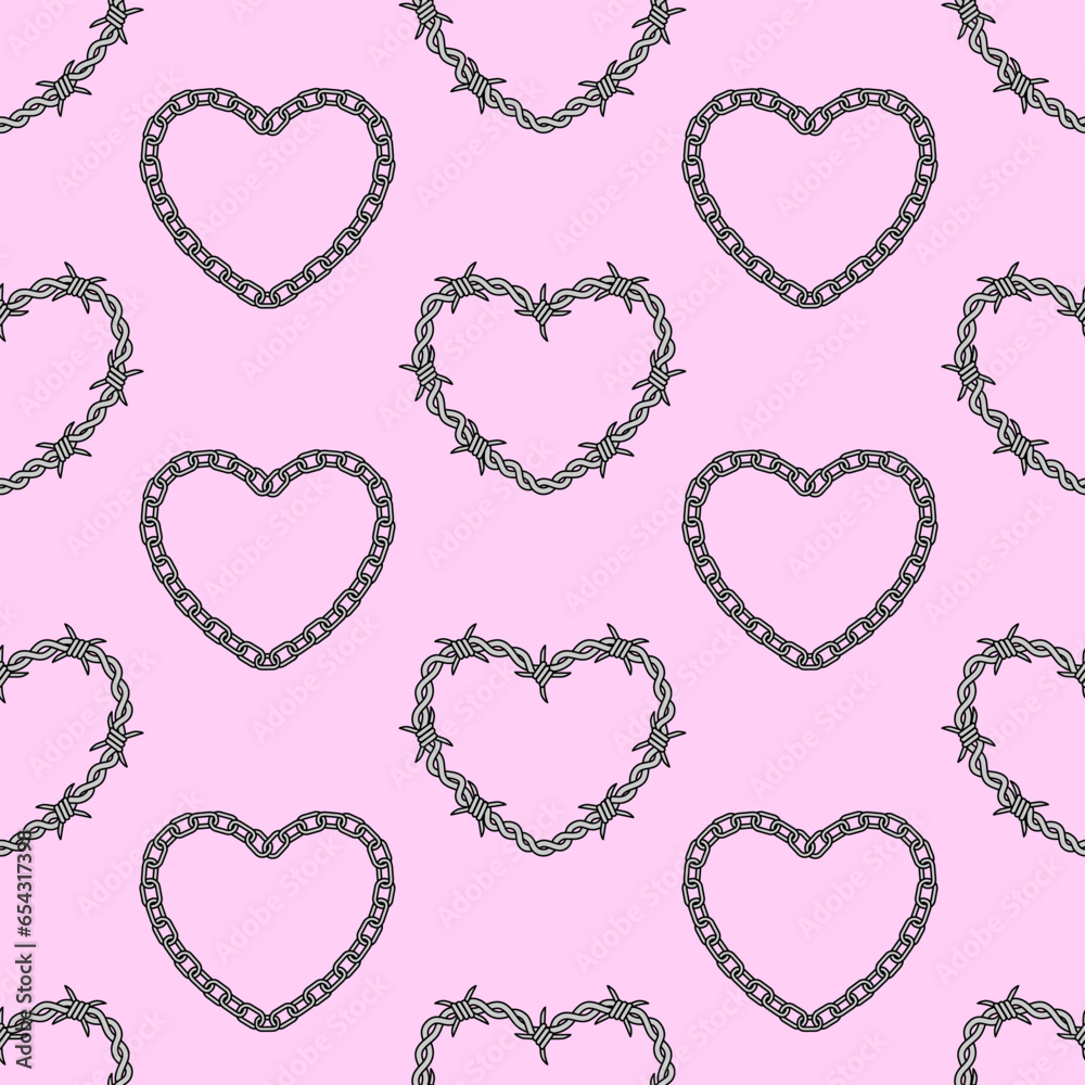 Barbed wire and chain hearts seamless patern. Y2k emo goth romantic background. Valentine day concept. Vector glam design Barbed wire and chain hearts seamless patern. Y2k emo goth romantic background. Valentine day concept. Vector glam design