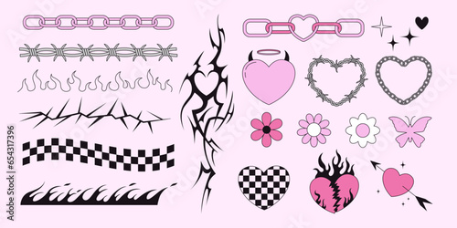 Set of y2k emo goth vector cliparts. Heart, barbed wire, checkered border, spikes, thorns, tribal tattoo, chain, butterly, flowers. 2000s elements for design and print