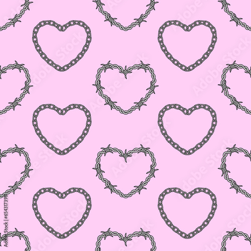 Barbed wire and chain hearts seamless patern. Y2k emo goth romantic background. Valentine day concept. Vector glam design