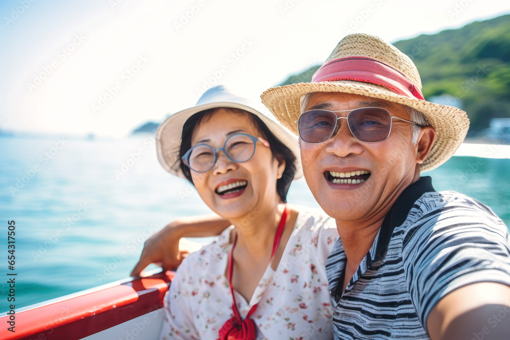 An elderly couple is sitting on a boat or yacht in the ocean. They look at the waves and hug. Sea voyage, vacation. Love and romance of older people.