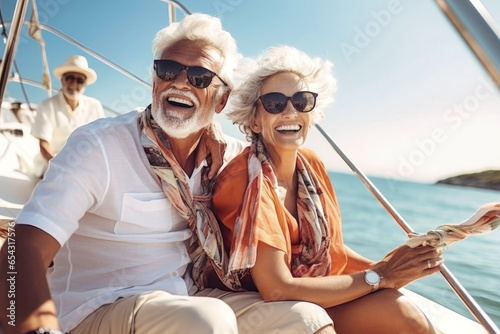 An elderly couple sits in a boat or yacht against the backdrop of the sea. Happy and smiling. Yacht trip. Sea voyage, active recreation. Love and romance of older people.