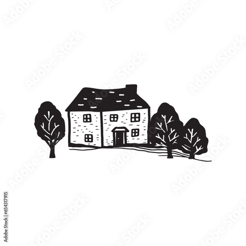 Quirky rural cabin holiday home vector illustration. Block print real estate graphic for scandi winter scene doodle, whimsy minimal stylized domestic house.