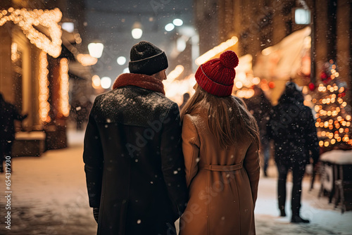 Couple on their backs enjoying a romantic walk under the snow