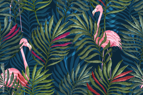 Seamless pattern of coconut leaves and  flamingo on green background.Vintage peony illustrations.Vegetation painting with watercolors for Warper and elegant fabric design. photo