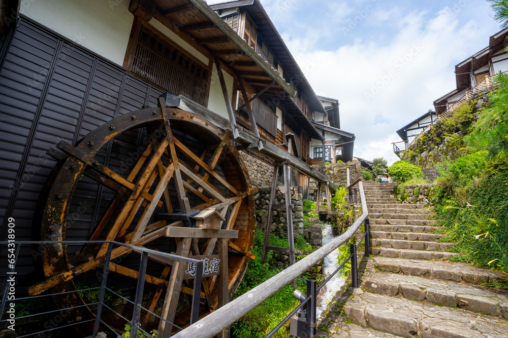 Magome juku , Edo village on Enakyo Nakasendo trails during summer morning at Gifu , Japan : 29 August 2019 Magome juku , Edo village on Enakyo Nakasendo trails during summer morning at Gifu , Japan : 29 August 2019