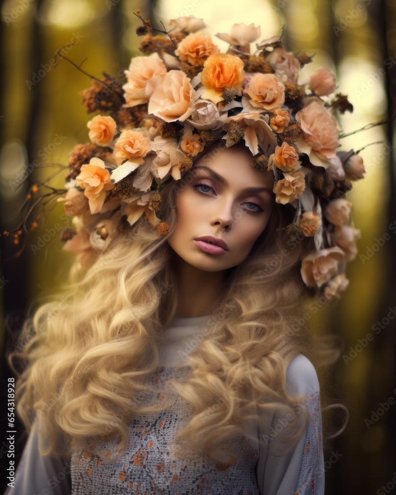 This beautiful woman stands proudly, wearing a fashionable autumn ensemble and an intricate headpiece of yellow roses, her long blonde hair cascading down her back like a golden river This beautiful woman stands proudly, wearing a fashionable autumn ensemble and an intricate headpiece of yellow roses, her long blonde hair cascading down her back like a golden river