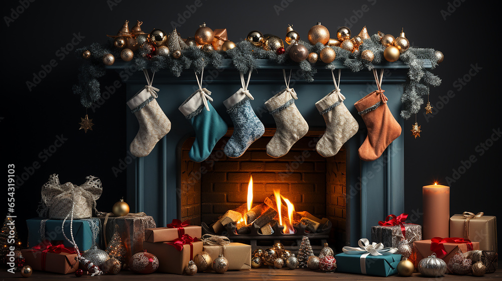 A Christmas scene with a fireplace and Christmas elements