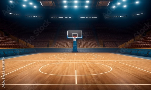 Basketball sport arena. Interior view to wooden floor of basketball court. Two basketball hoops side view. Digital 3D illustration of sport, Generative AI photo
