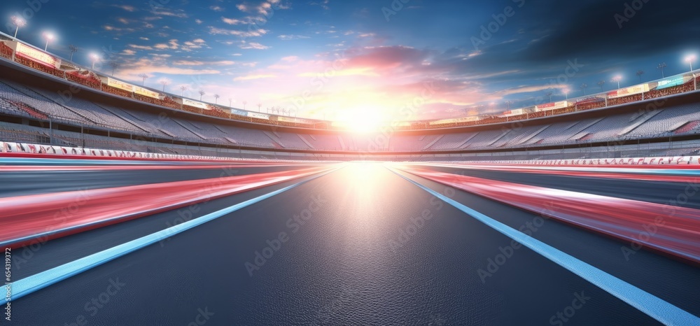 Starting race from pole position on illuminated racing circuit and dawn sky on background. Professional automotive and sports 4K video in seamless, Generative AI - obrazy, fototapety, plakaty 