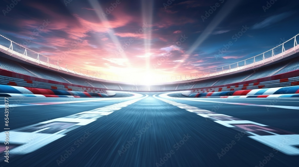 Starting race from pole position on illuminated racing circuit and dawn sky on background. Professional automotive and sports 4K video in seamless, Generative AI - obrazy, fototapety, plakaty 