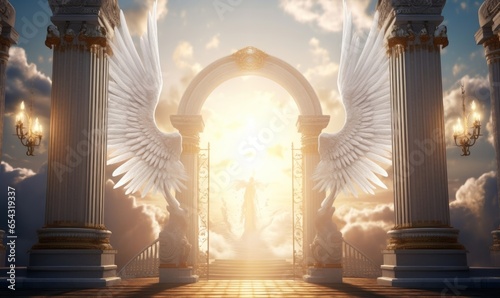 Decorated heavens gate with angel wings and statues in shining sunlight. Generative AI photo