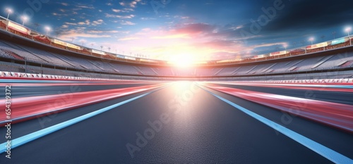 Starting race from pole position on illuminated racing circuit and dawn sky on background. Professional automotive and sports 4K video in seamless, Generative AI photo