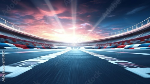 Starting race from pole position on illuminated racing circuit and dawn sky on background. Professional automotive and sports 4K video in seamless, Generative AI photo