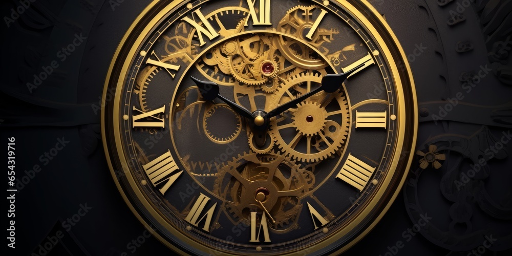 Golden black old clock close up at front view on dark background with cog wheel pattern. Design of my own. 3D illustration, Generative AI