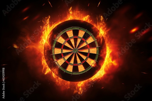 Dart board target in burning flames close up on dark brown background. Classical sport equipment as conceptual 3D illustration, Generative AI photo