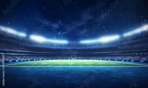 American football league stadium with white lines and fans, illuminated field side view at night, sport building 3D professional background, Generative AI photo