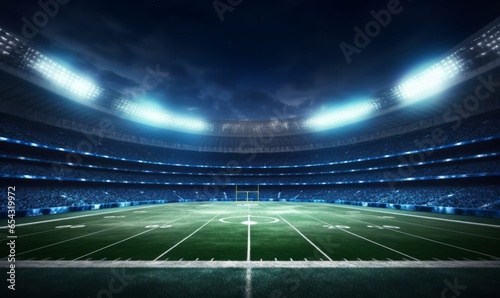 American football league stadium with white lines and fans, illuminated field side view at night, sport building 3D professional background, Generative AI