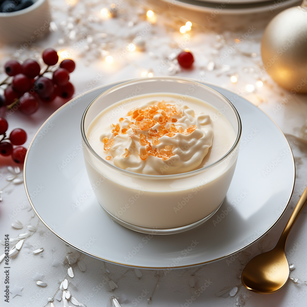 New Year's healthy dessert whipped cream on a white ceramic plate with a Christmas decoration, on a white table top view, AI Generaton New Year's healthy dessert whipped cream on a white ceramic plate with a Christmas decoration, on a white table top view, AI Generaton