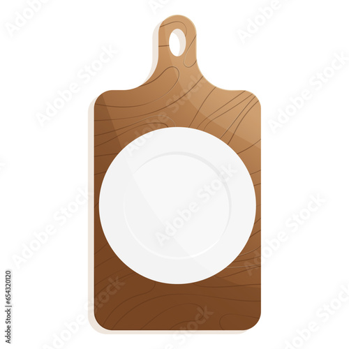 Wooden cutting board with white plate on white background. Cartoon style
