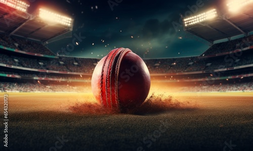 Cricket ball on the pitch in a thrilling night match. Generative AI photo