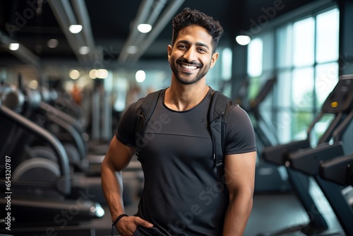 Smiling young Indian man wearing sportswear posing in gym © NEM
