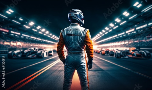 Racing driver walking on racetrack at night. Generative AI © Yash