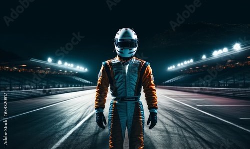 Racing driver walking on racetrack at night. Generative AI photo