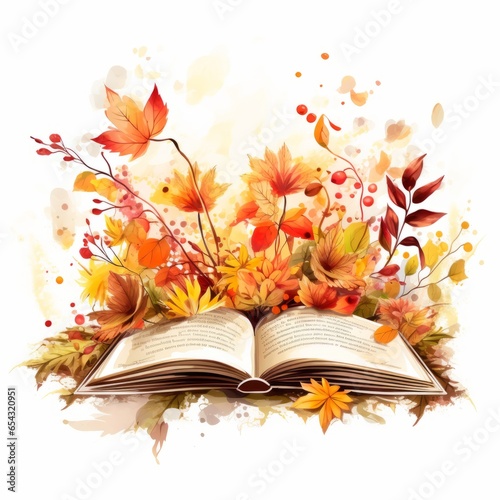 Watercolor Open Book with flowers and leaves isolated on white background. Autumn composition with flowers, leaves and books on white background 