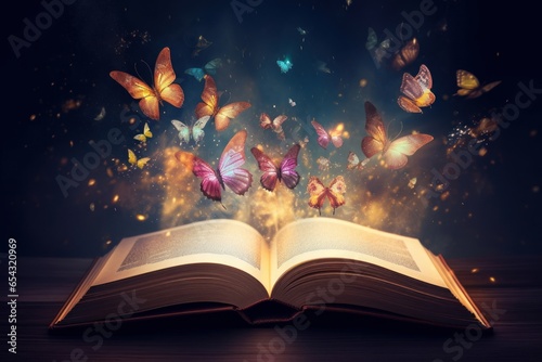 Opened magic fantasy book with magical flying butterflies above upwards. Postproducted generative AI digital illustration, Generative AI © Yash