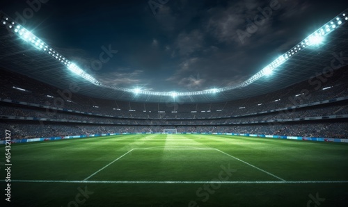Spectacular football stadium full of spectators expecting an evening match on the grass field  view from the player level. Sport category 3D  Generative AI
