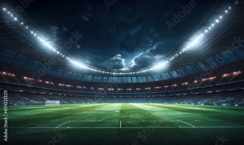 Spectacular football stadium full of spectators expecting an evening match on the grass field, view from the player level. Sport category 3D, Generative AI © Yash