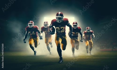 Four american football players running on pitch during night sport match. Generative AI photo