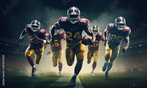 Four american football players running on pitch during night sport match. Generative AI