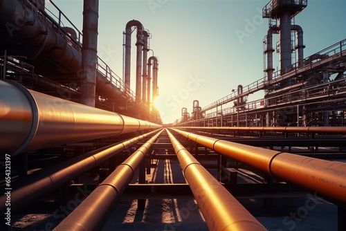 An industrial refinery at night, its towering steel structures illuminated against the sunset sky, representing the heart of the petroleum and chemical industry