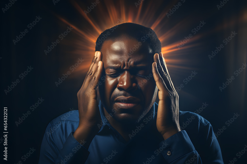 Black man holding his forehead while his head exploding from pain ai