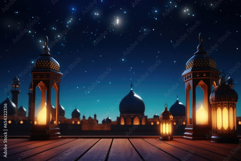 Ramadan Kareem Ambiance: Arabic Style Border and Lanterns Set Against a Realistic Night View Background..