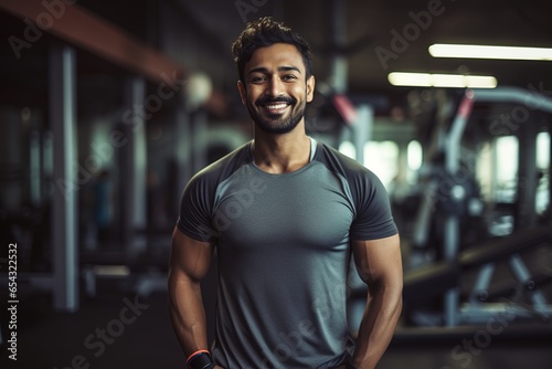 Smiling young Indian man wearing sportswear posing in gym photo