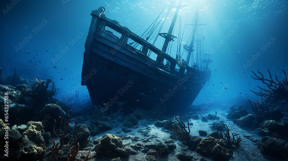 A wreck of a ship lying on the seabed and the sunlight reflects a beautiful light on him A wreck of a ship lying on the seabed and the sunlight reflects a beautiful light on him