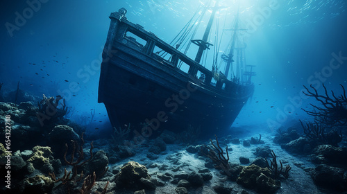 A wreck of a ship lying on the seabed and the sunlight reflects a beautiful light on him