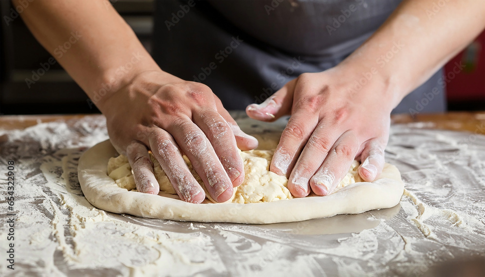 Chef de cozinha fazendo massa de pão, pizza. Mãos amassando massa de pão, pizza. - obrazy, fototapety, plakaty 