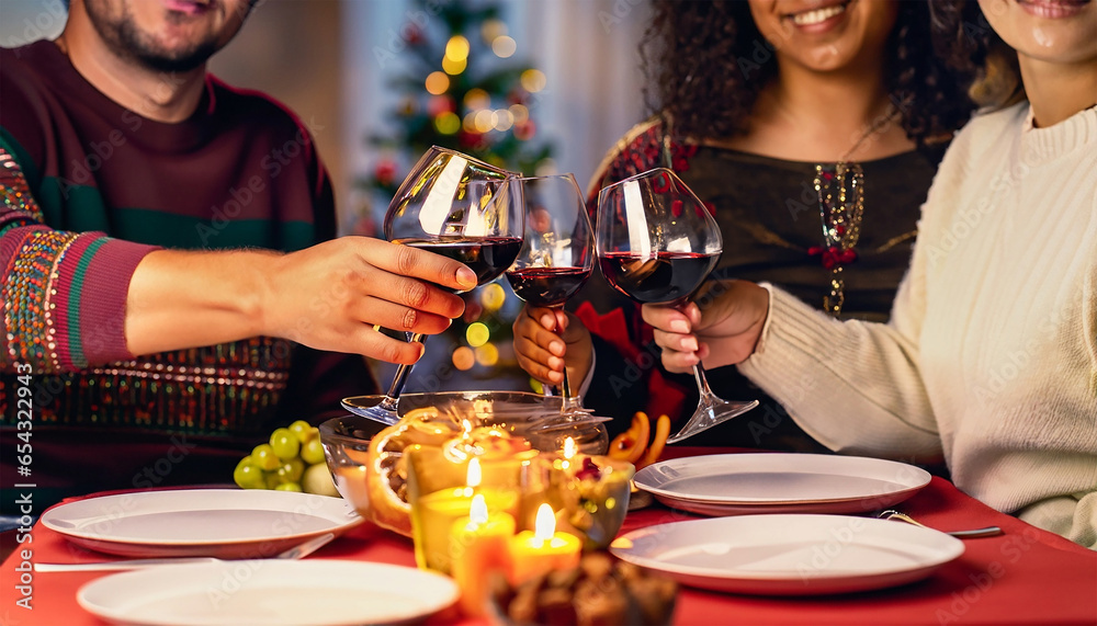Três pessoas brindando com taças de vinho em uma mesa de jantar luzes de natal no fundo - obrazy, fototapety, plakaty 