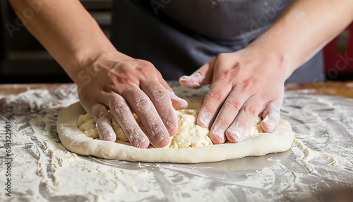 Chef de cozinha fazendo massa de pão, pizza. Mãos amassando massa de pão, pizza.