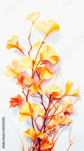 A simple natural concept. An aesthetic idea. Decorative bouquet of ginkgo biloba plant in gold  orange  ocher and yellow tones. Neutral background color. A simple autumn decoration idea.