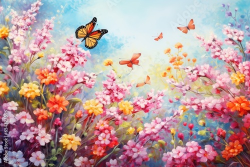 Blooming flowers and butterflies in the spring garden  © PinkiePie