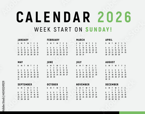 Calendar 2026, Minimal style, Week start sunday.