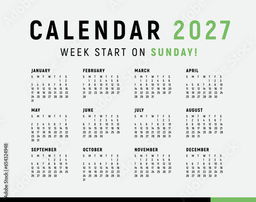 Calendar 2027, Minimal style, Week start sunday.